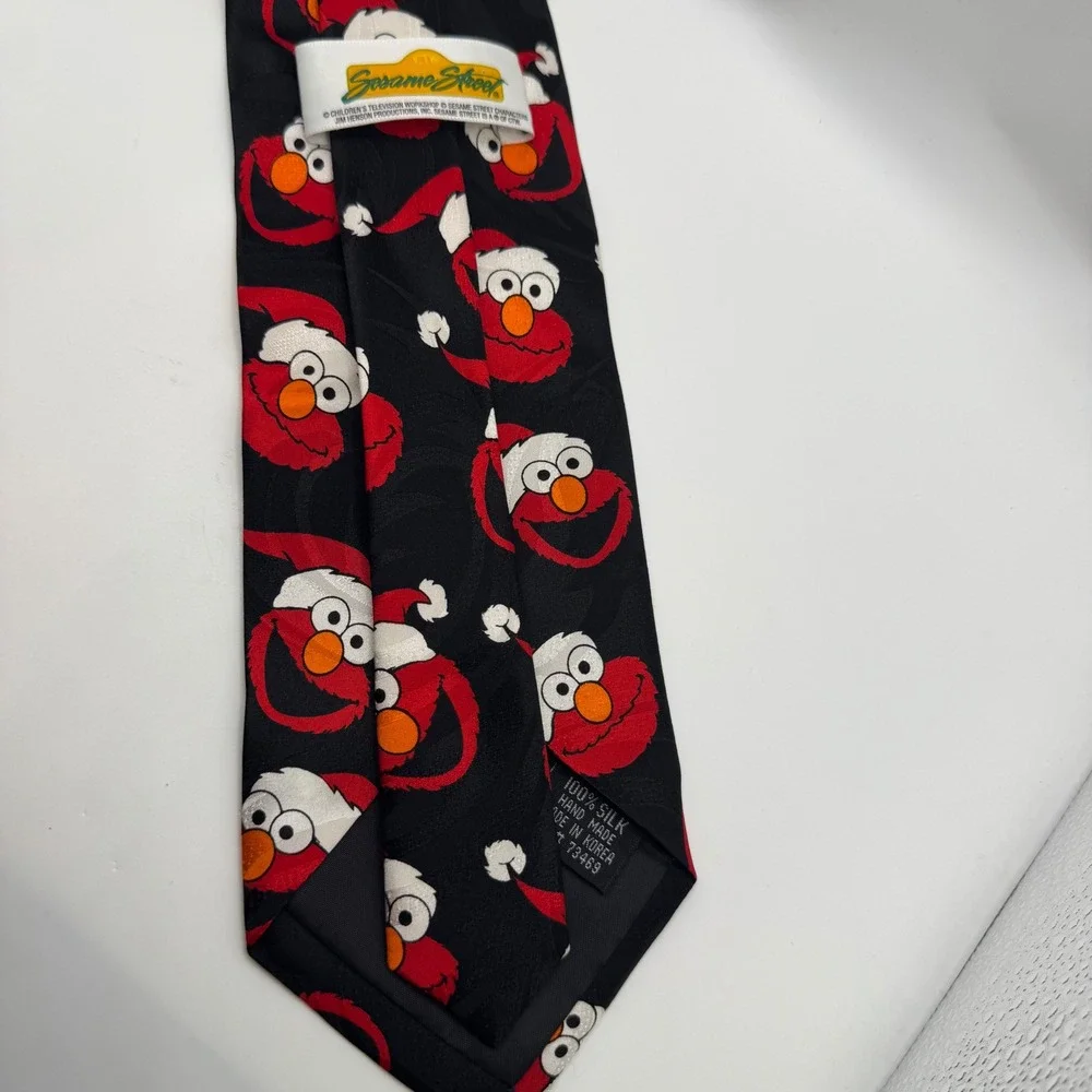 Sesame Street OS Necktie Mens Black Elmo Santa Hat Christmas Silk Handmade